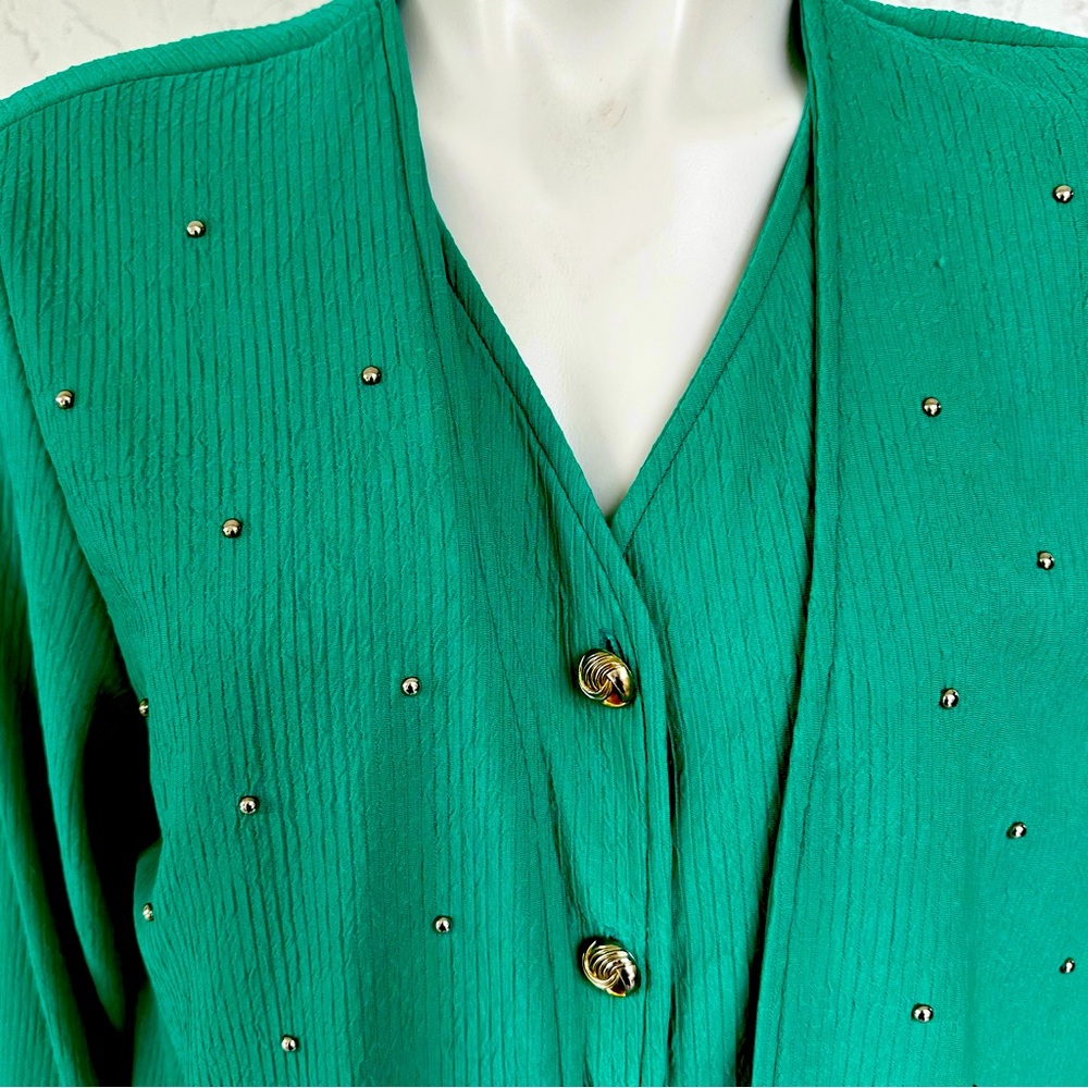 VTG Versatile Green Textured Vest/Jacket All-in-One Top w/Gold Buttons and Studs